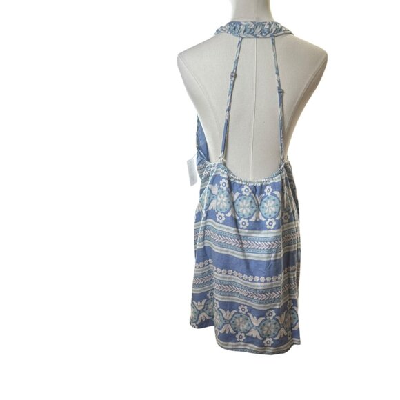 Free People Linen Blend Halter Mini Dress Blue Boho Floral Stripe Pattern Size M - Picture 4 of 11